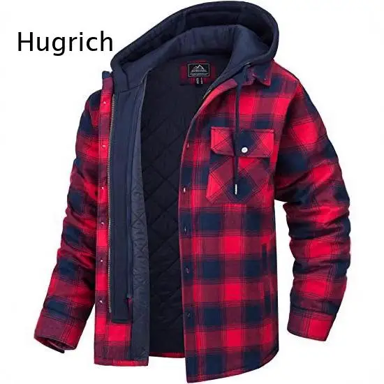 Male Plaid Pattern Quilted Shirt Jacket Detachable Hood Button Zip Front Long Sleeve Winter Coat