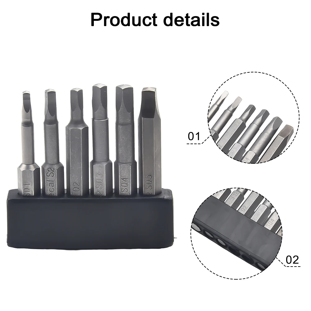 6Pcs 50mm SQ1-SQ5 Square Head Screwdriver Bit Set Hex Shank Magnetic Screwdriver Hex Screwdriver Set Hand Repair Tools