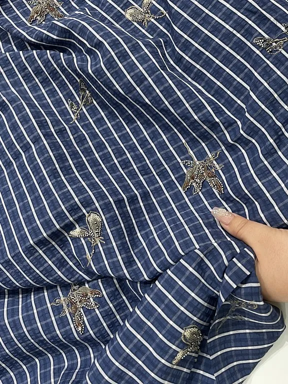 

Niche Designer Tailor New Blue Shirt Plaid Fabric Embroidery Exquisite Little Flower DIY Flower-De-Luce