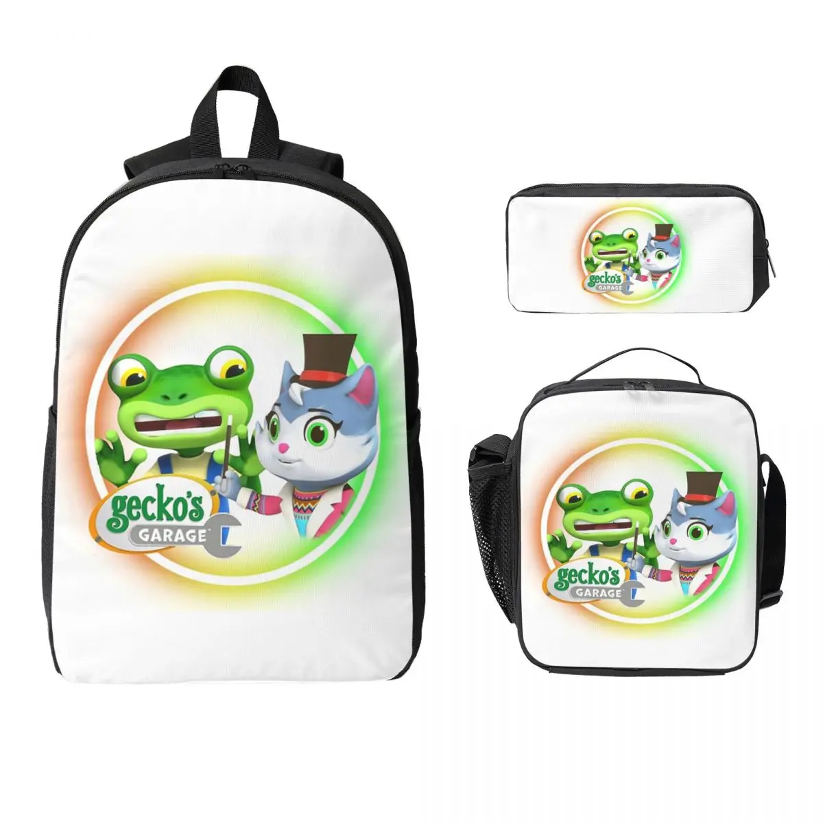 

Geckos Garage Cartoon Kids Backpack Student BookBag School Bag Computer Shoulder Bags 3ps Insulated Lunch Bag Pencil Case