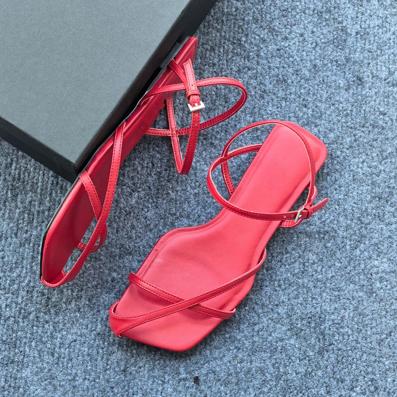 

Withered Women's Flats Shoes Nordic Minimalist Red Sandals French Office Ladies Elegant Lazy Holiday Roman Sandals For Women