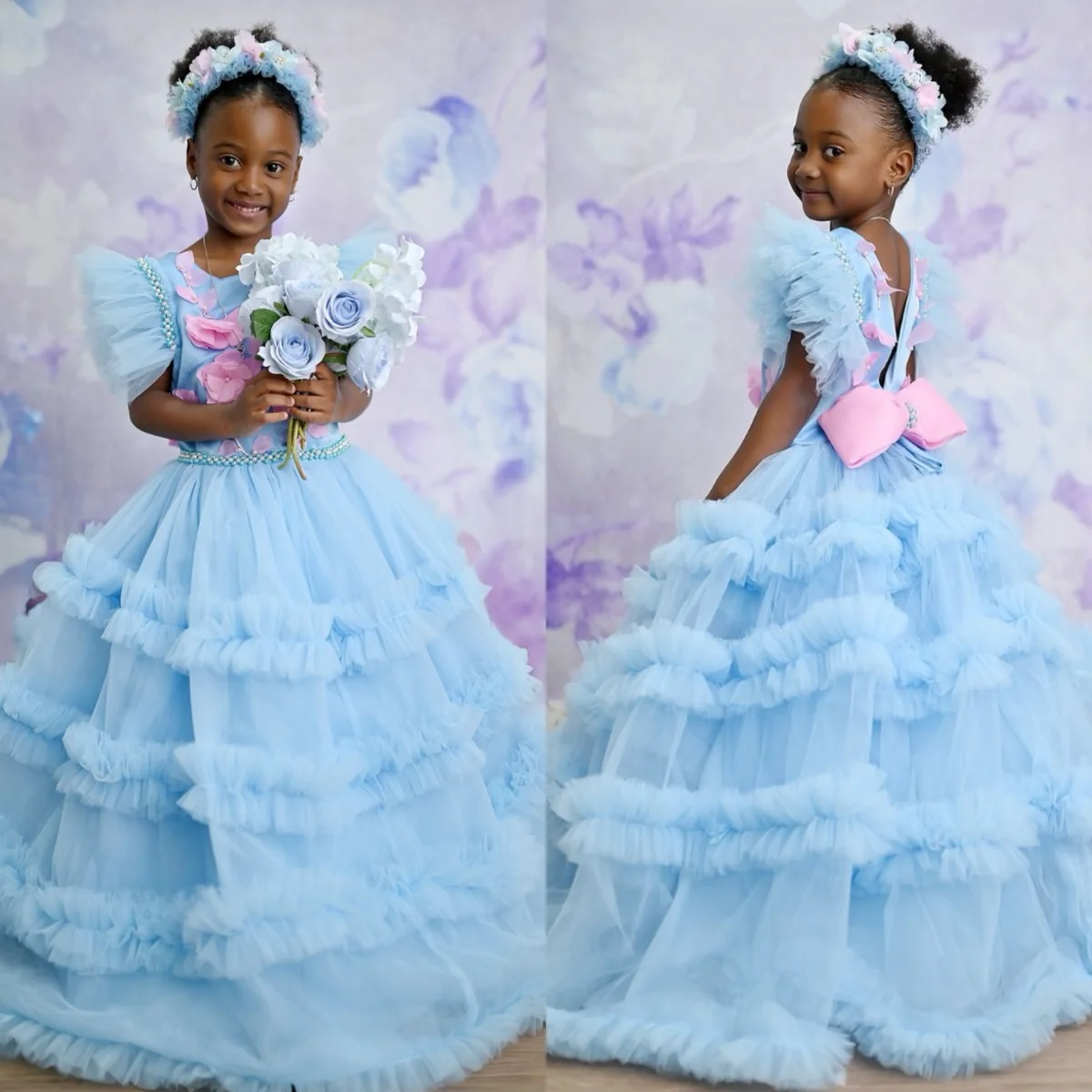 

Light Sky Blue Flower Girls Dresses Customized Pink Bow Appliqued Tiered Ruffles Tulle Child Princess Birthday Party Dress