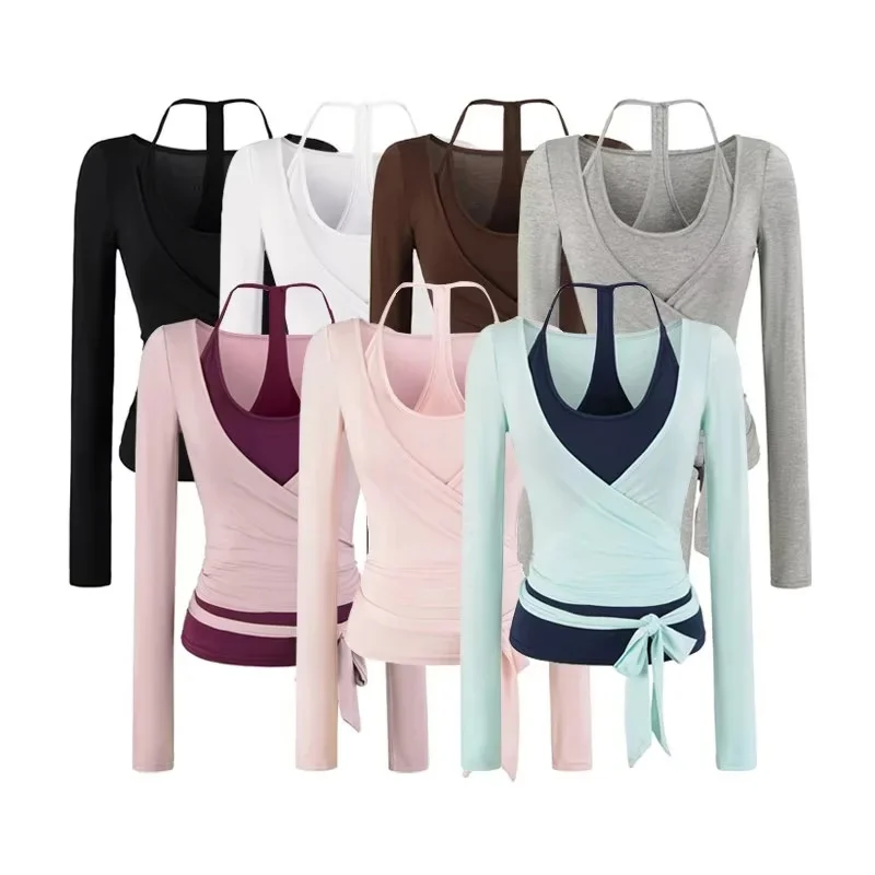Fall 2026 Women's Slim Fit Yoga Top And Shoulder Wrap Two-Piece Set with Color Block Design And Long Sleeves by Chinese Manuf...