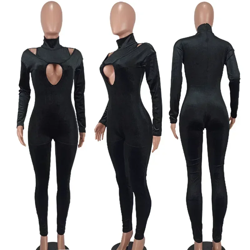 GUWU Sexy Party Samt Overall Frauen Rollkragen Aushöhlen Langarm Bodycon Strampler Clubwear Einteilige Overalls Weibliche