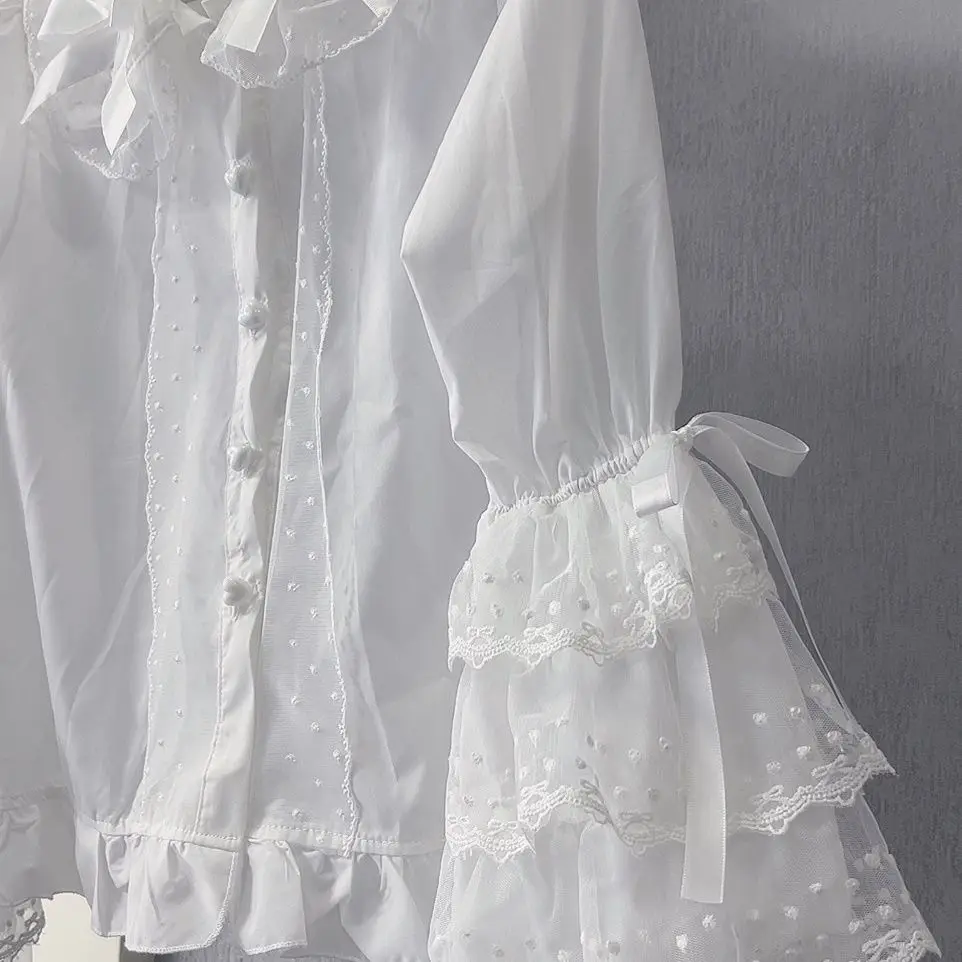 Y2K – chemises esthétiques gothiques Vintage pour femmes, hauts décontractés à manches longues, solides, chemises Lolita japonaises, chemisiers en dentelle avec nœud mignon Kawaii