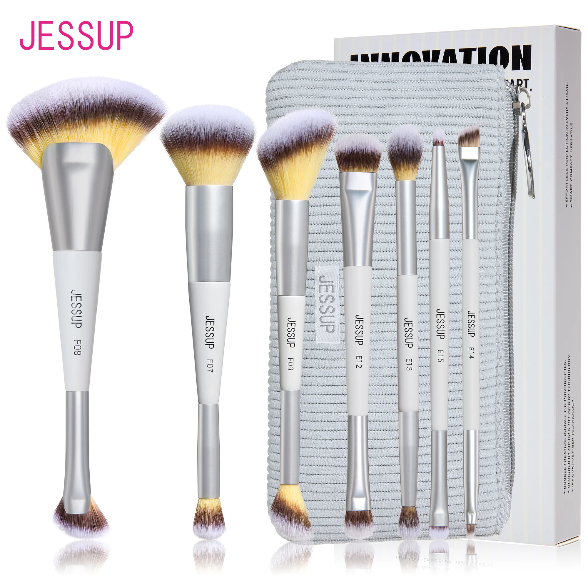 Jessup 3/7Pcs Makeup Brushes Set Dual-Ended Synthetic Foundation Blush Highlight Blending Eyebrow Brush with Carry Bag,T520