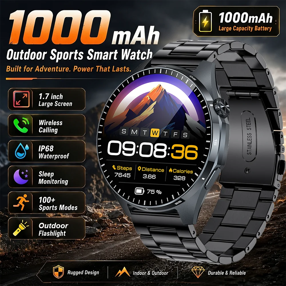 2026 New 1.7" HD Screen 1000mAh Battery Sport Smartwatch Bluetooth Call LED Flashlight Heart Rate Monitor Sport For Android ios
