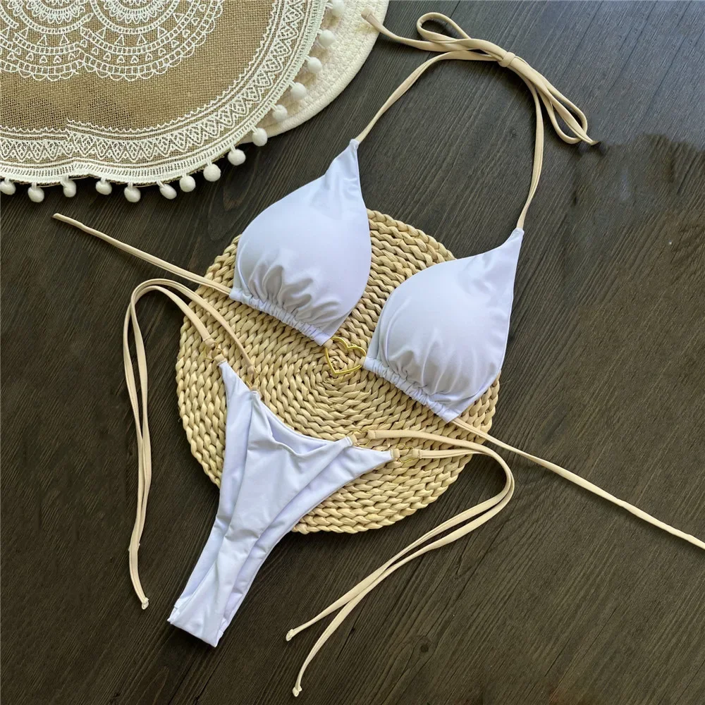 

White Micro Bikini Thong String Halter Triangle Swimwear Metal Heart Ring Sexy Swimsuit Women 2025 Biquinis Bikinis Sets Bather