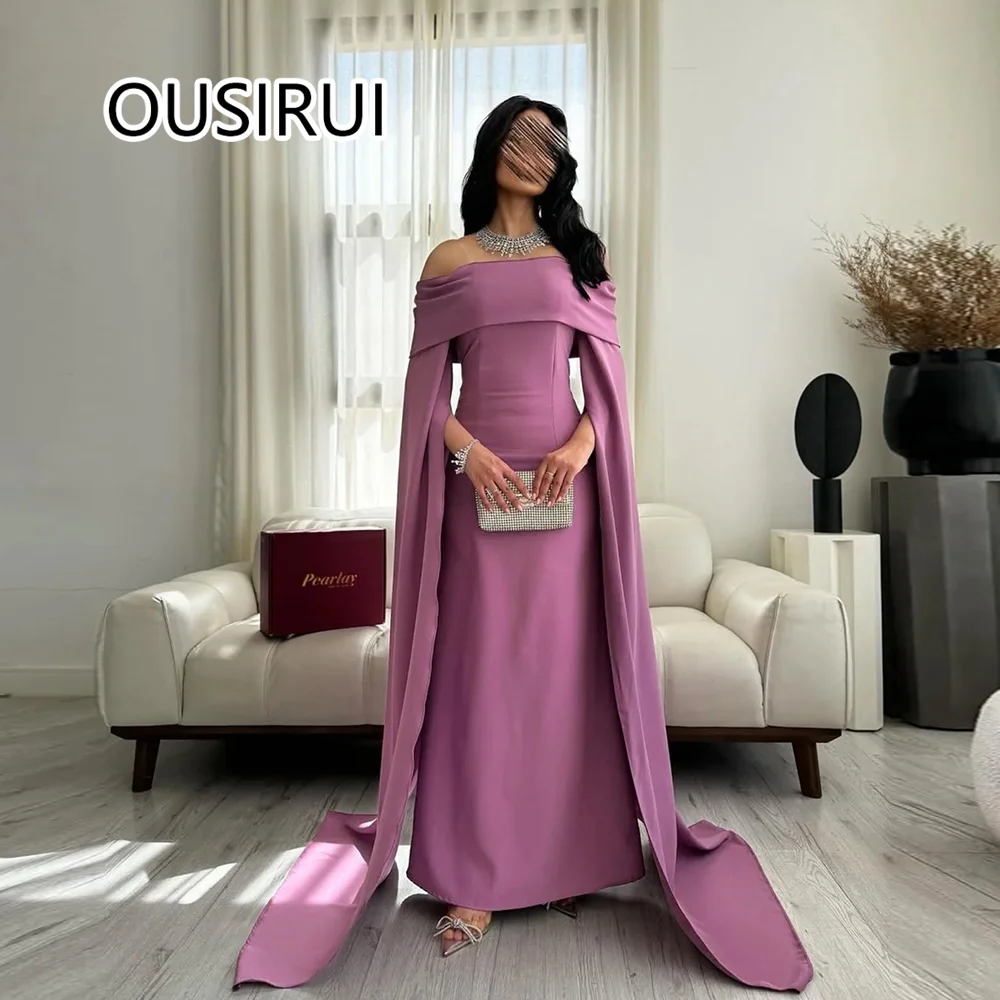 

Customized Modest Boat Collar Satin Solid Sheath Evening Bridesmaid Dress Floor-Length Backless Prom Arab Gown with Cape
