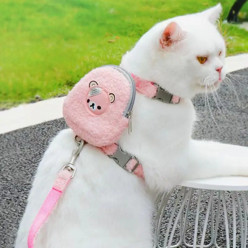 Lamb Wool Cartoon Bear Harness for cats Dog Backpack Harness with Leash Cat Puppy Outdoor Walking Supplies For Small Medium Dog