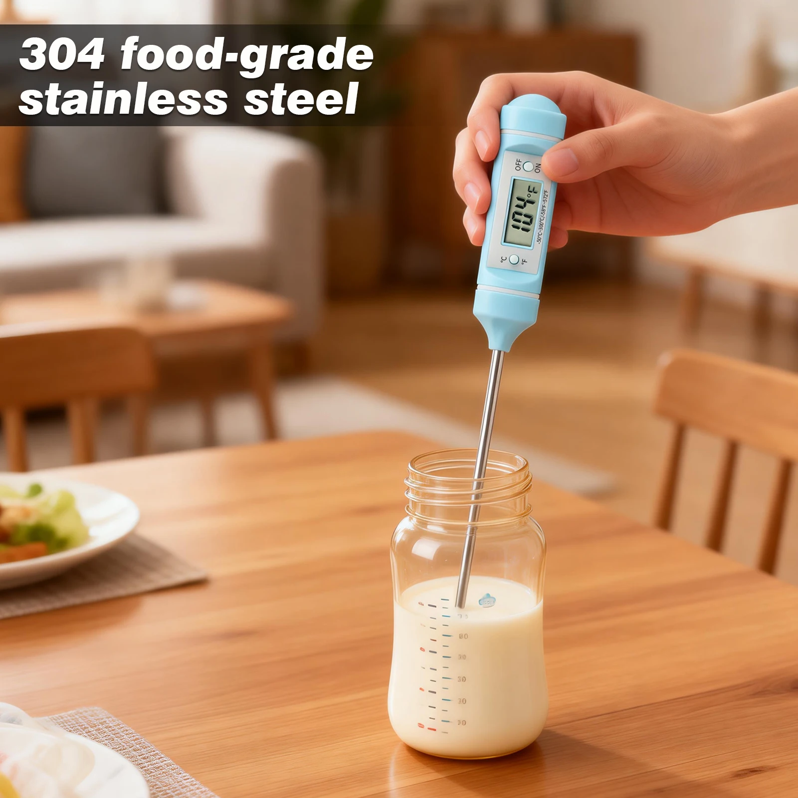 Digital Milk & Coffee Thermometer -50°C to 300°C, 304 Stainless Steel Probe, Fast Reading for Baby Bottle, Espresso, Cooking