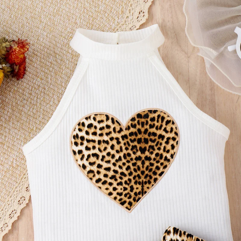 Girls' Spring Summer Halter Leopard Heart Print Vest Bowknot Lace Cake Dress Set