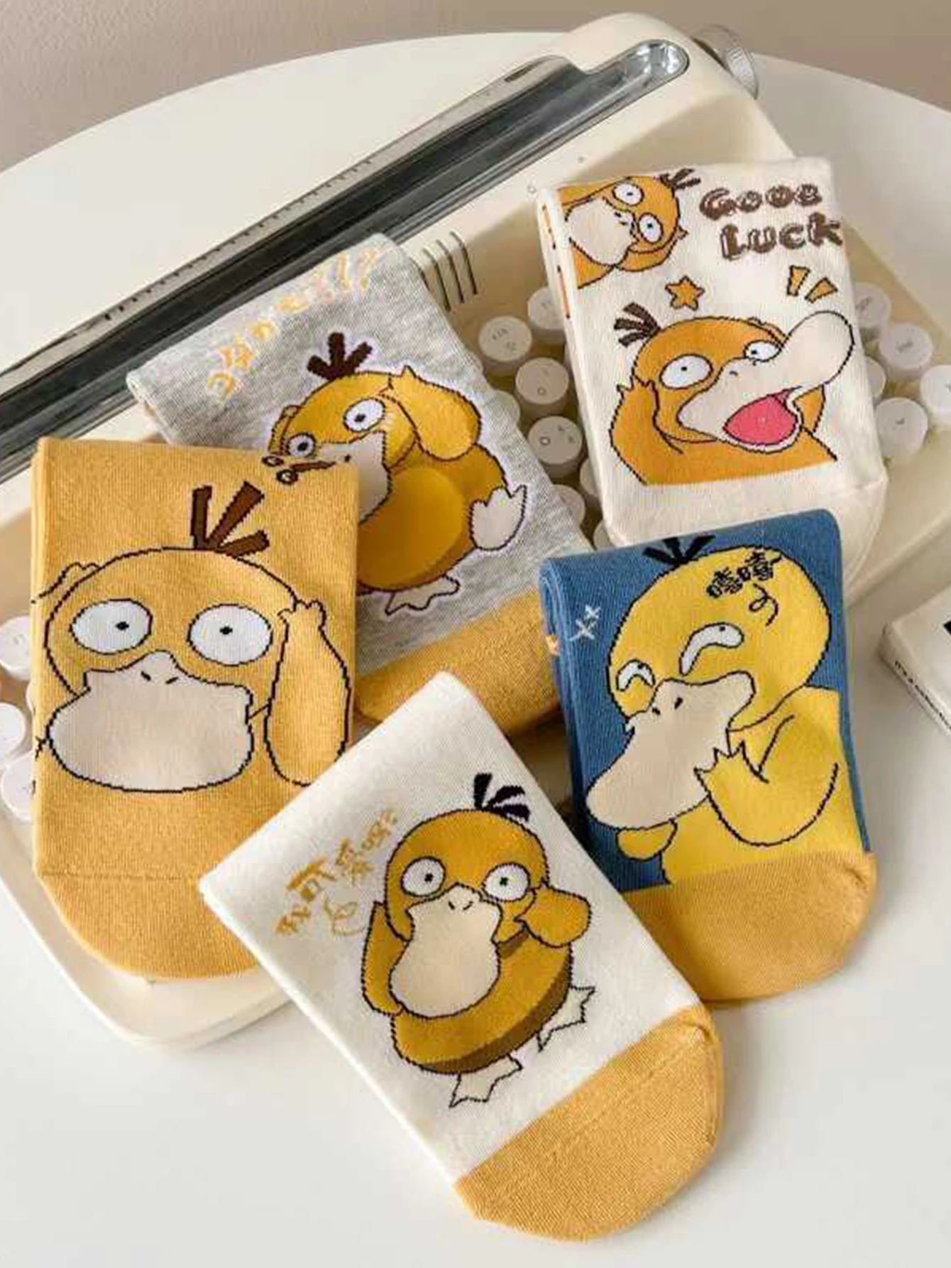 5/10 Pairs miniso Fashion Cartoon Anime Pok é mon Versatile Sweet and Cute psyduck Casual Outdoor short Socks image 3