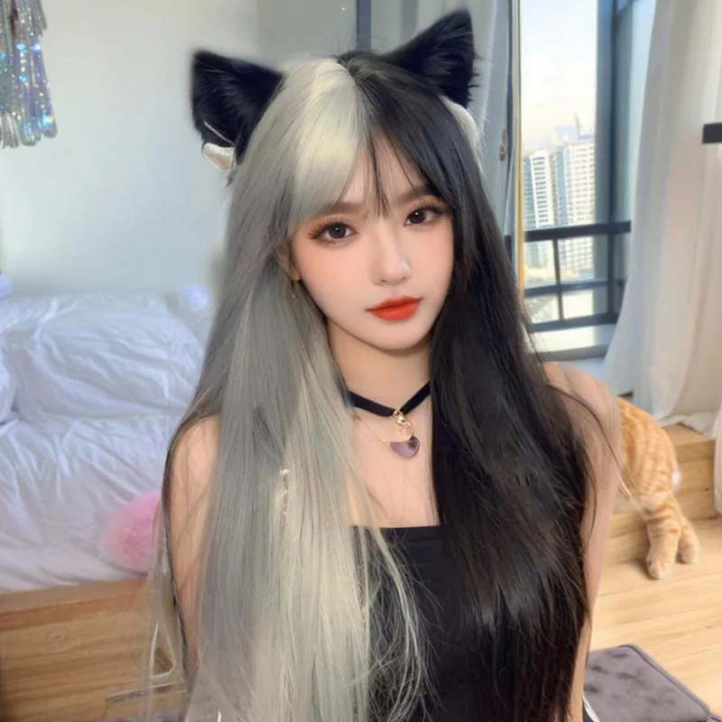 

Two-tone black and gray long straight wig for women, cosplay synthetic fiber hairpiece