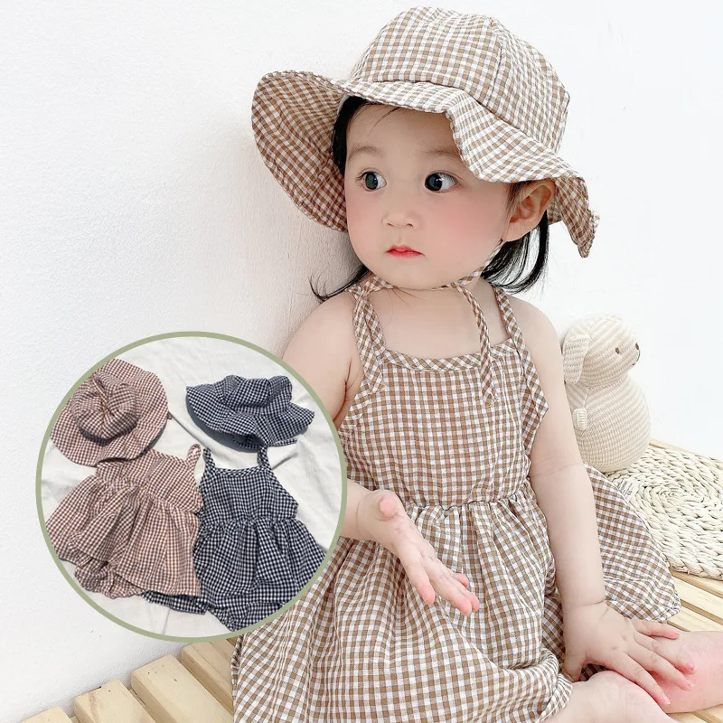 MILANCEL Summer Baby Bodysuit With Hat Sweet Infant Girl's Plaid Suspenders Dress Toddler One Piece Clothes