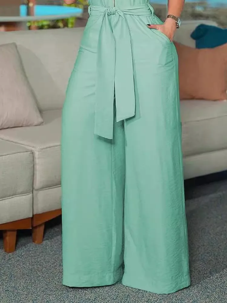 Cintura da donna con cinturino con cerniera solida Tuta a gamba larga Nuovo colletto della camicia Pantaloni dritti a gamba larga senza maniche Abbigliamento da strada casual