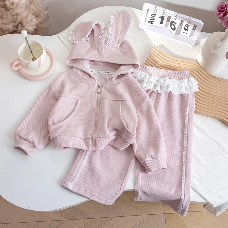 

Children's Pants Set Cute Girls Rabbit Ear Lace Hooded Sports Hoodie Pink High Waist Loose Trousers Two Piece Set Spring New