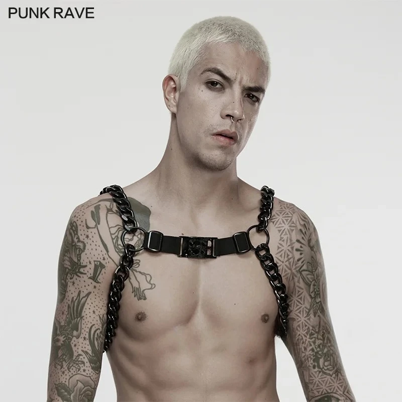 PUNK RAVE Men's Punk Rugged Charm Harness Stylish Personalized Thick Metal Chains Cool Cosplay Accessories Adjustable Tightness