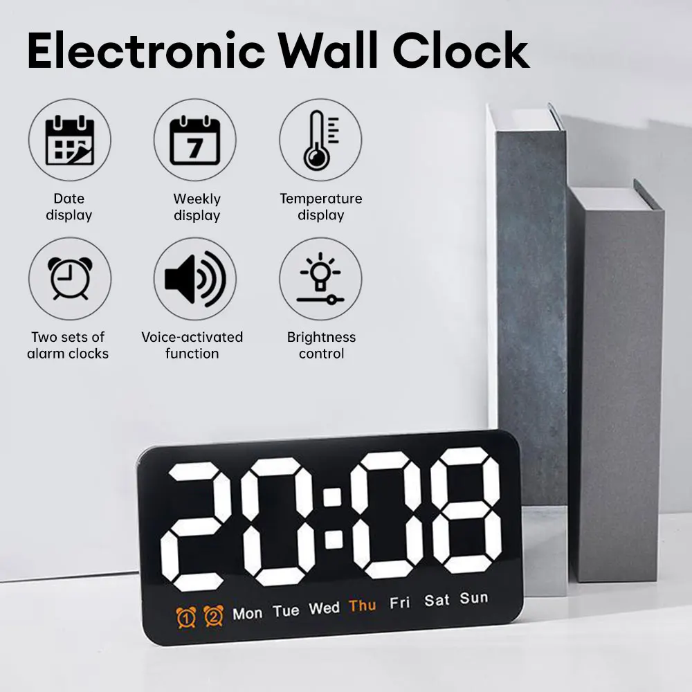 

Voice Control Large Digital Wall Clock Night Mode 3 Levels Brightness, Snooze, Bedroom Decor 12/24H Dual Alarm Wall-mounted LED