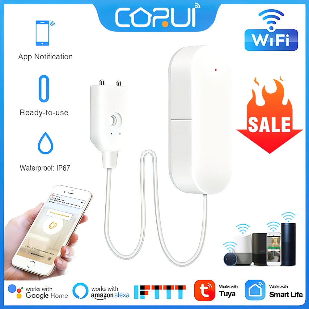 Alarma inteligente con Sensor de fugas de agua, Detector de inundación, alarma de sonido, aplicación Smart Life, alerta de inundación, protección de seguridad de desbordamiento, WiFi, Tuya