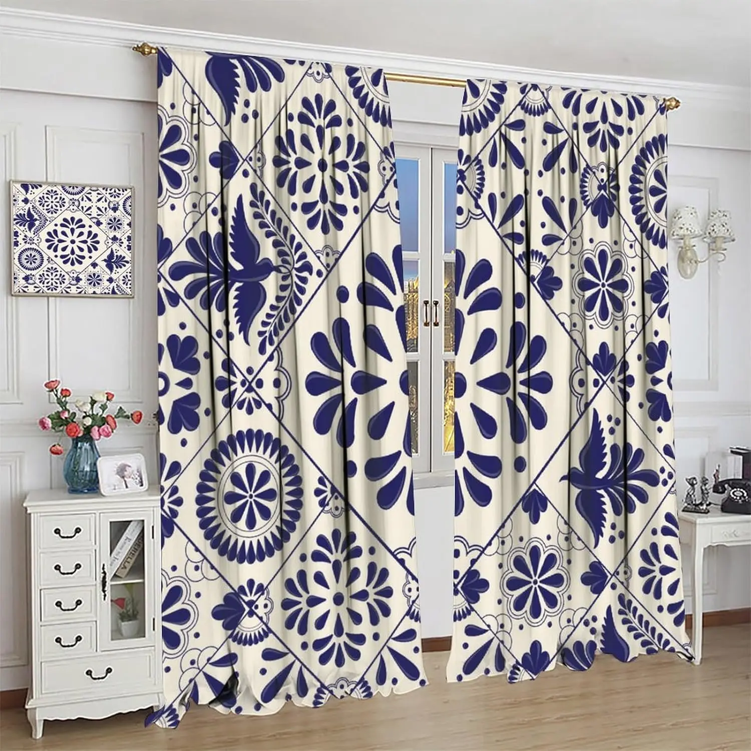 

Traditional Mexican Curtains, Art Abstract Ethnic Mexican Floral Bird Print Window Drapes, for Living Room Bedroom (Decorative)