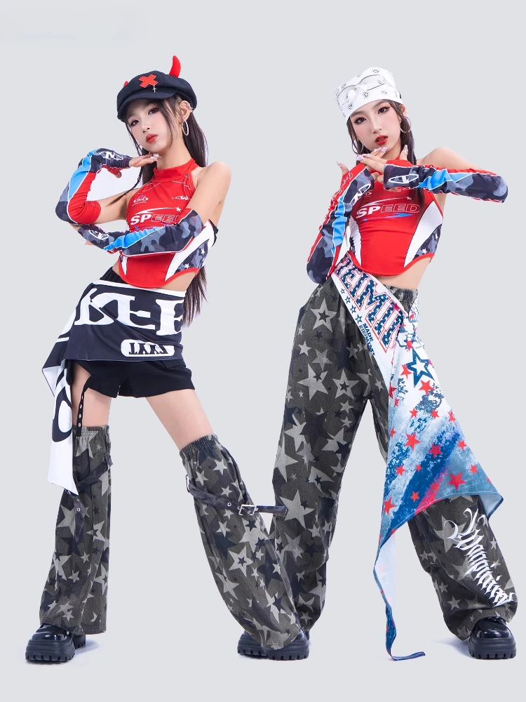 Girls Hip-Hop Street Dance Clothes Cool Jazz Dance Costumes Red Top Baggy Pants Ballroom Hip Hop Dancing Clothes Stage Outfits