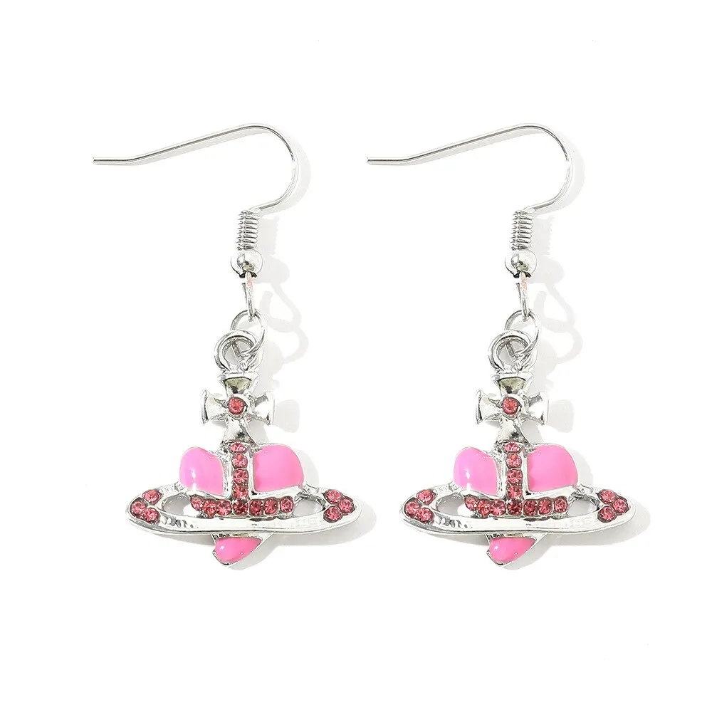 2PCS White Gold-color Plated Earrings Sparkling Diamond Saturn Drip Oil Bow Multicolor Jewelry