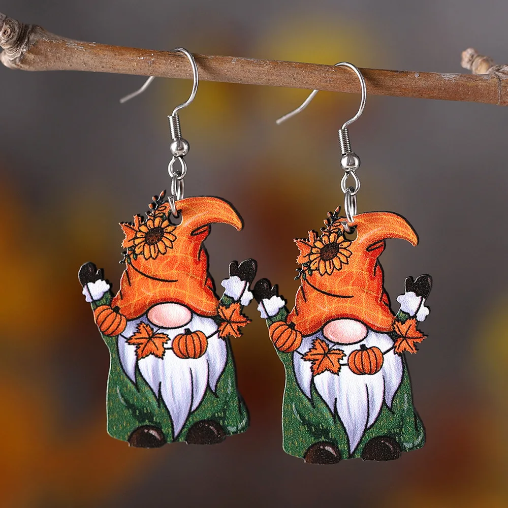 Thanksgiving Day Series Earrings Pumpkin Maple Leaf Cute Funny Gnome Wooden Double-sided Pendant Earrings Jewelry Presents