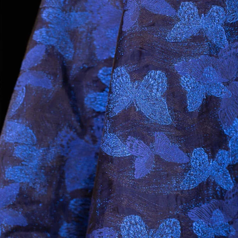 Blue Metal Wire Butterfly Brocade Jacquard Fabric Ethnic Style Qipao Hanfu High Quality Textile Designer DIY Clothing Fabric