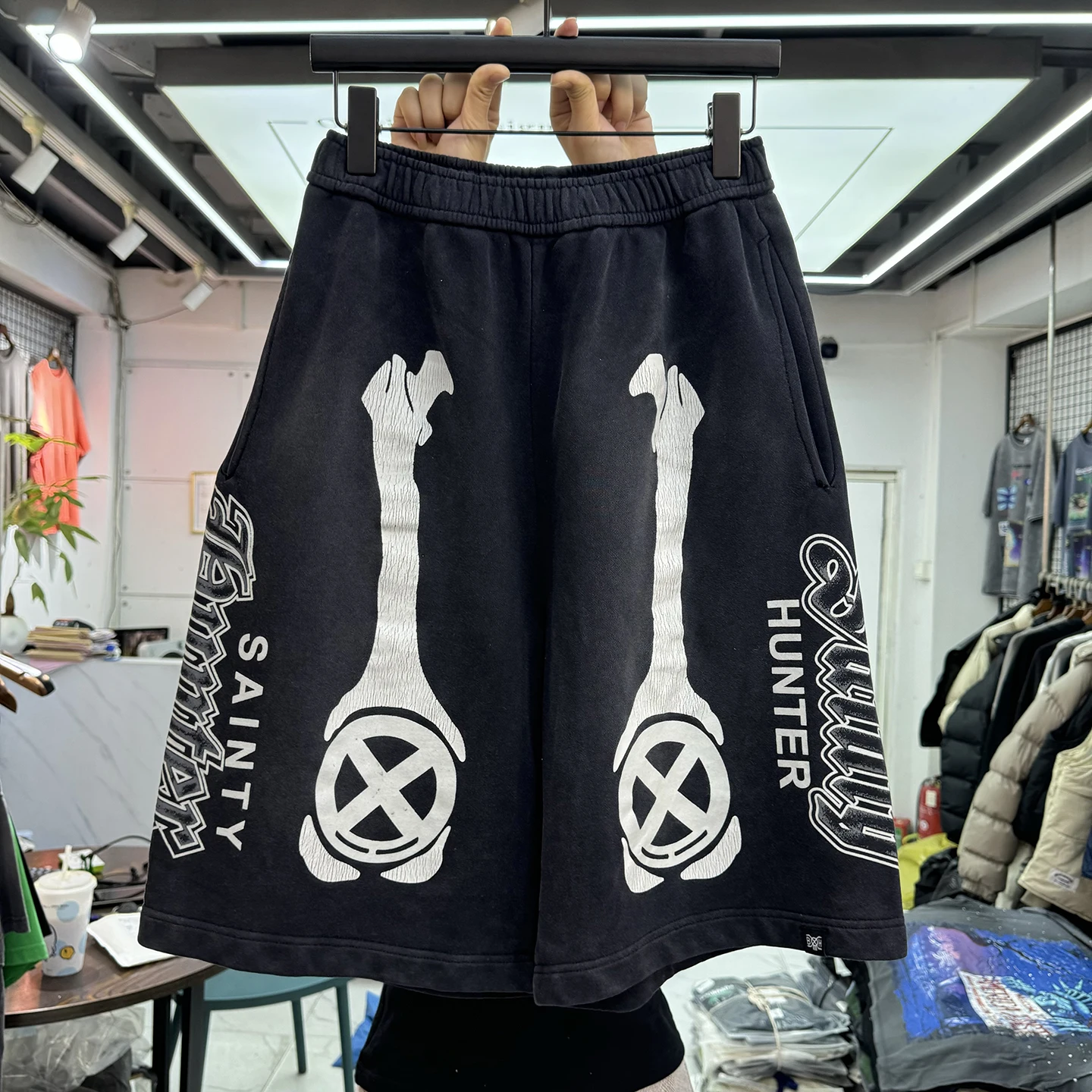 Retro Washed American Street Style Loose Fit Printed Casual Shorts Youth Cotton Jeanswear Vintage Cracked Pattern Skeleton Print