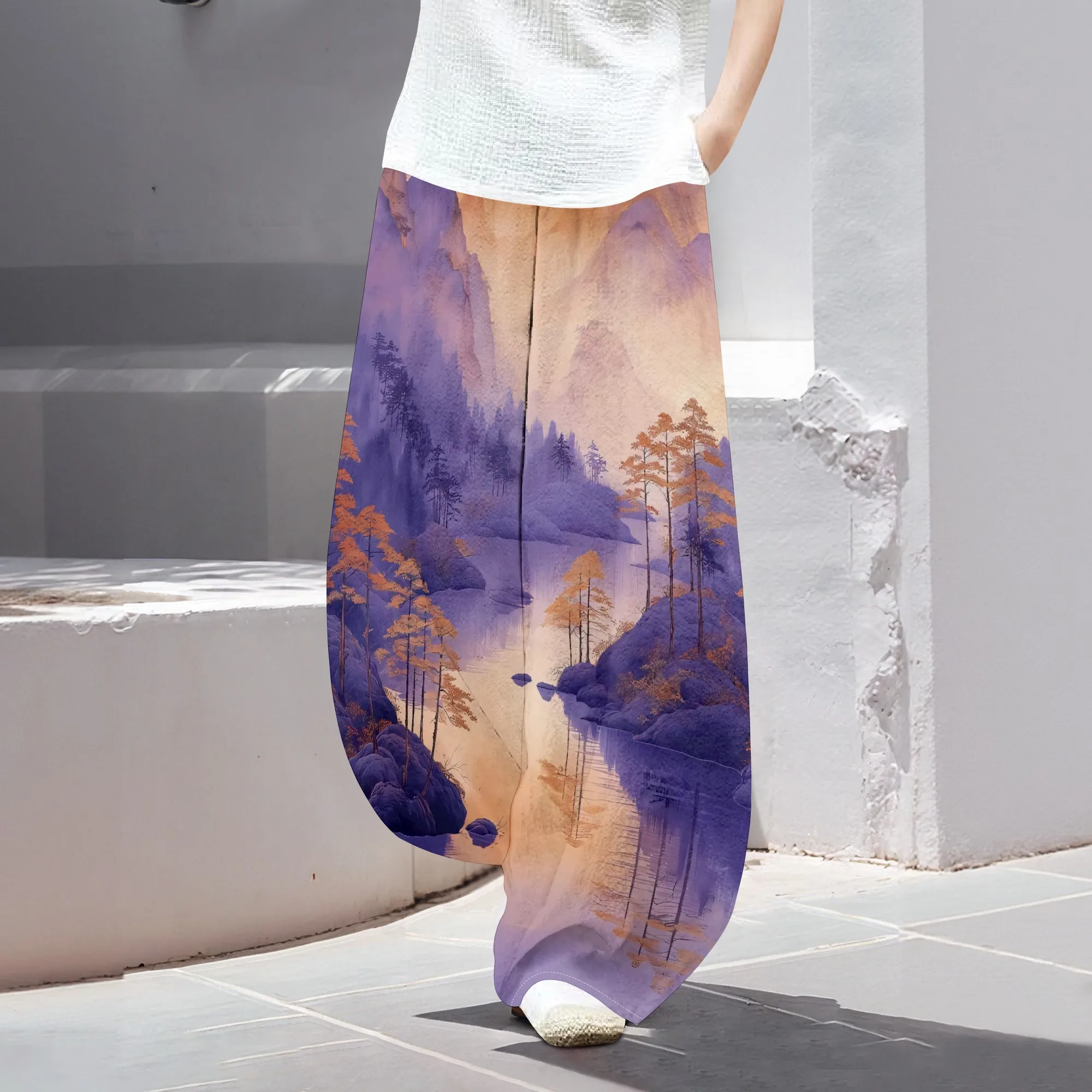 

SheFirstStyle Scenic Print Harem Pants Women's Casual Loose Fit Trousers with Pockets for Summer or Vacation