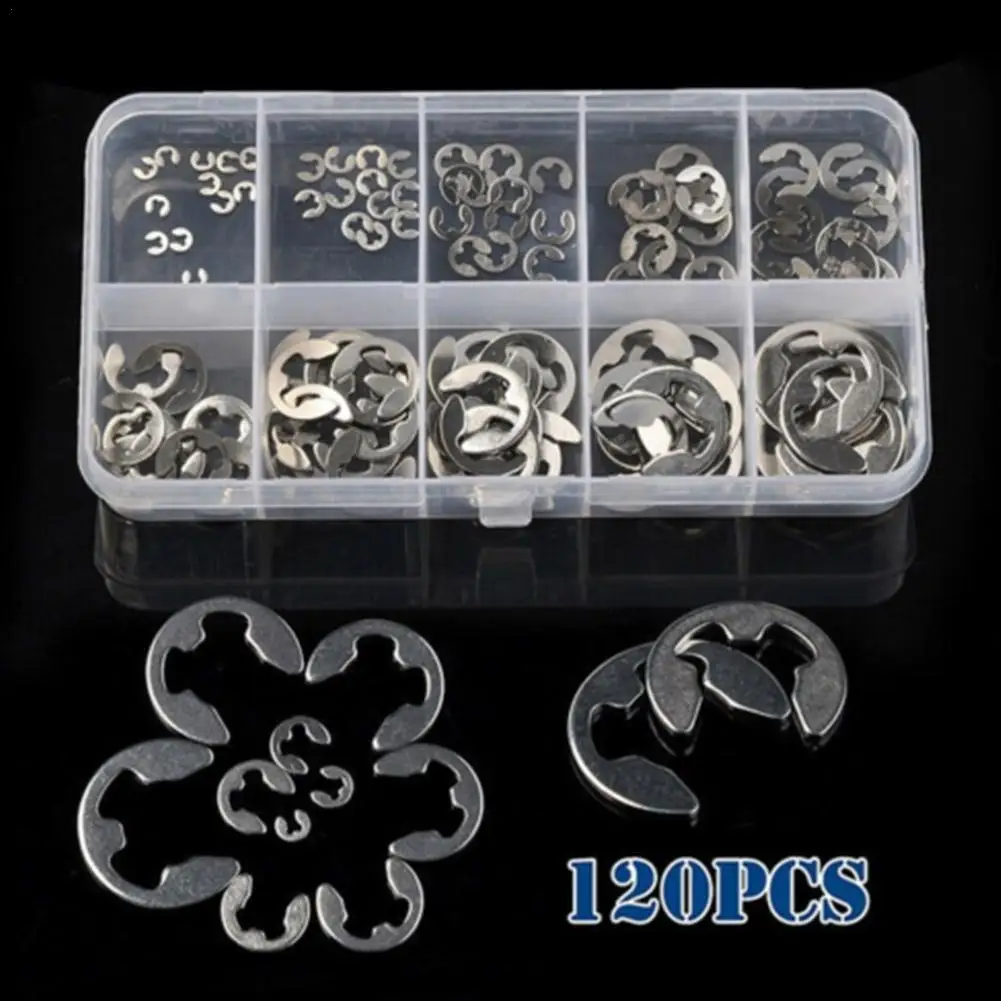 120 PCS 304 Stainless Steel Stainless Steel E Clip washer Assortment Kit Circlip retaining for shaft fastener M1.5~M10