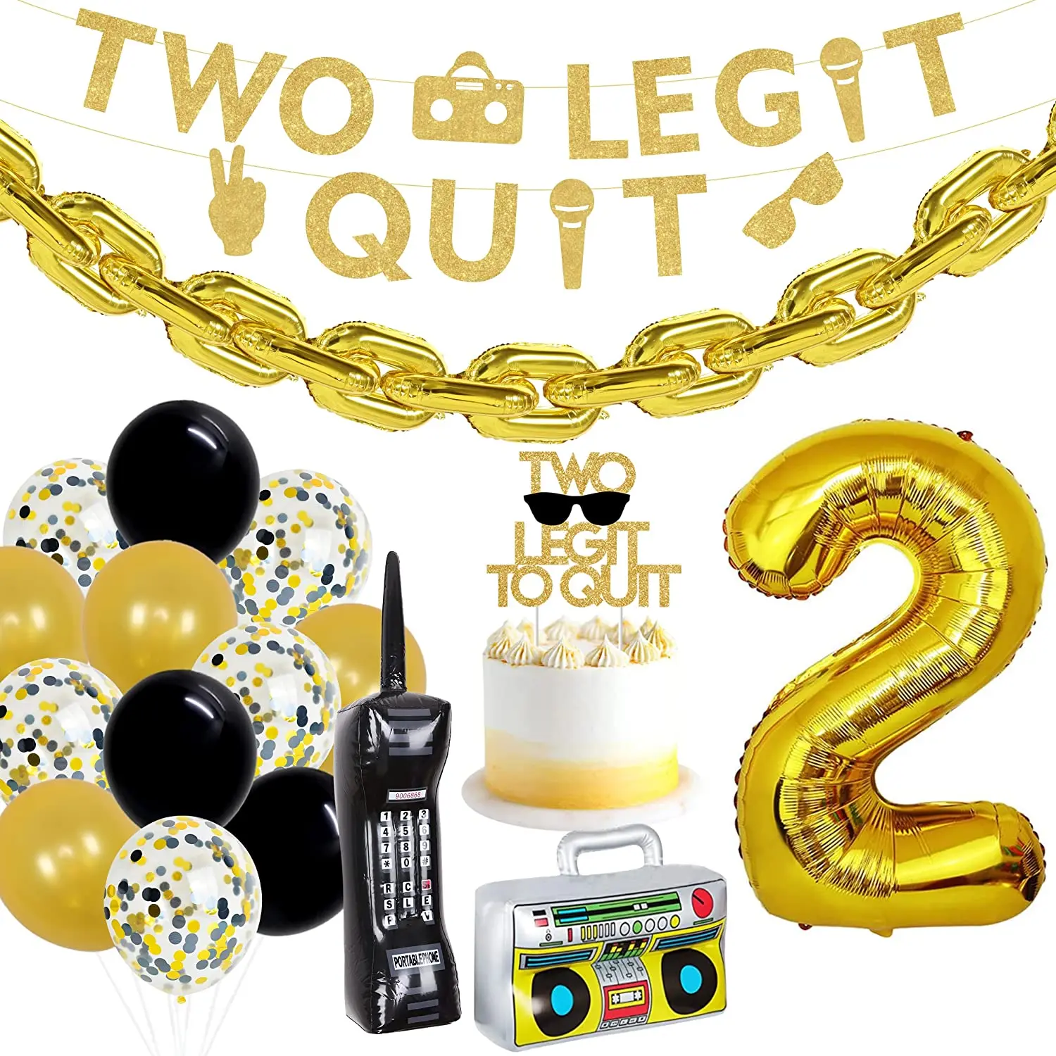 

Cheereveal Two Legit To Quit Hip Hop Theme 2nd Birthday Decorations Gold Chain Balloon Cake Topper for Boys Birthday Party Decor