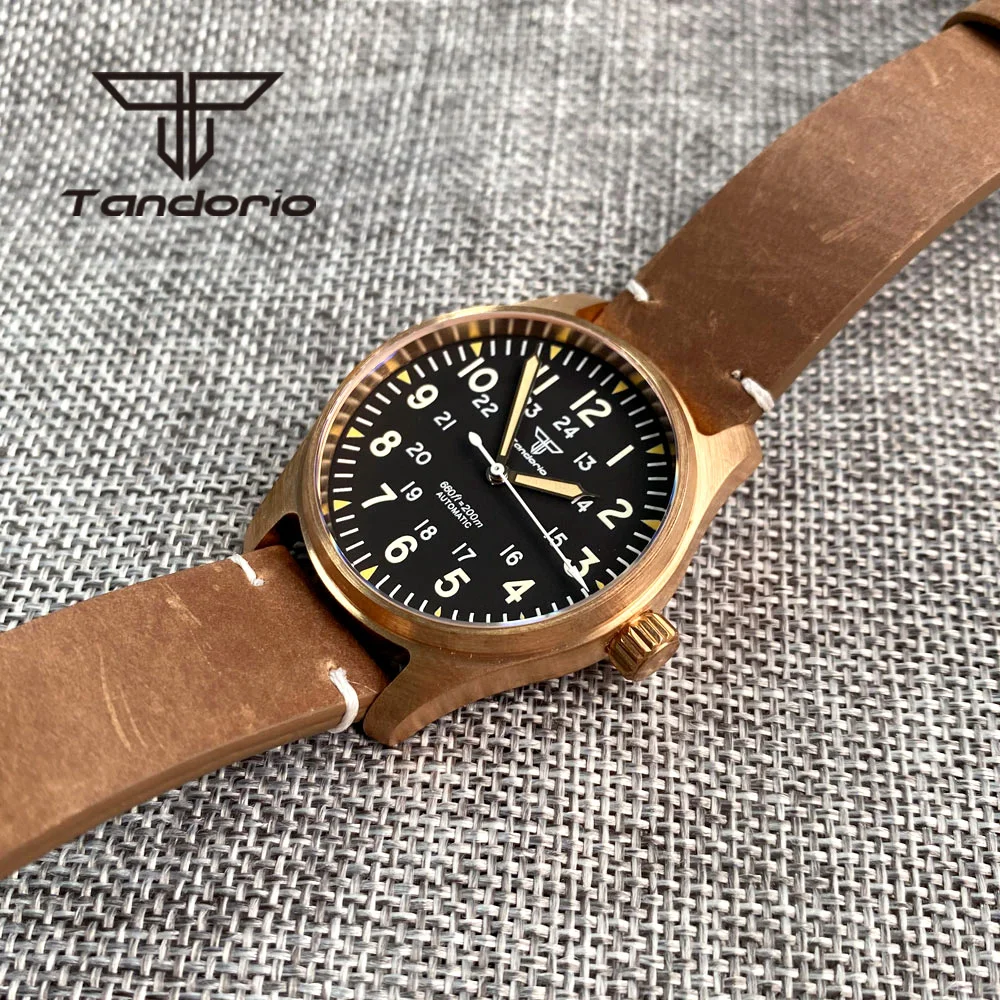 Tandorio real cusn8 bronze luxus 200m taucher automatische herren uhr nh35 pt5000 saphirglas leders ch raube krone grün leuchtend