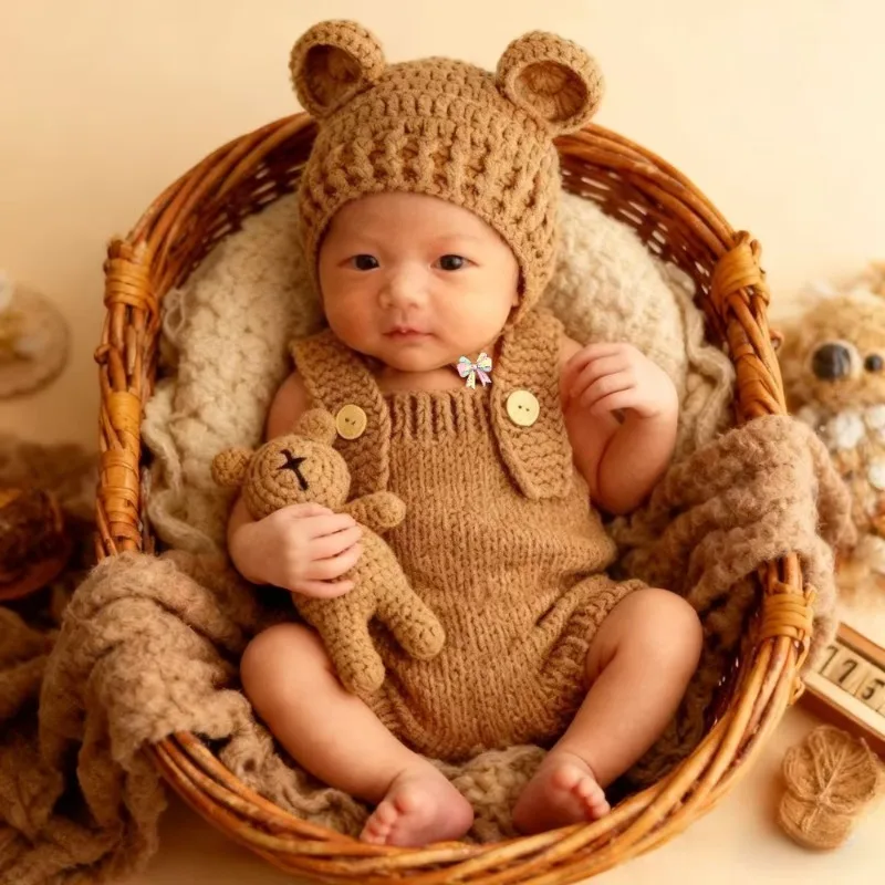 3pcs/sets Newborn Photography Props Adorable Hand-woven Romper Pants Bear Hat and Bear Dolls Decor Sets Baby Photoshoot Outfits