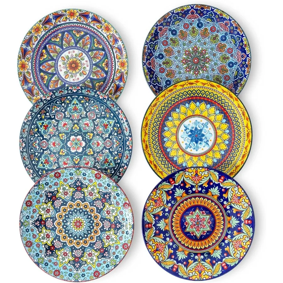 

Set of 6 Colorful Bohemian 8.5 Inch Ceramic Salad Plates for Kitchen and Restaurant Use Ideal for Desserts and Everyday Dining