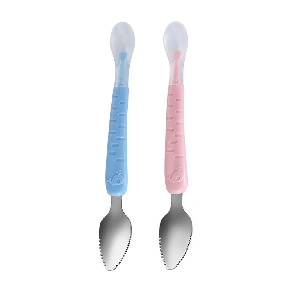 2 Pcs Scraper Baby Spoon Fruit Puree Scoop Jagged Feeding Silicone Handle Silica Gel Scraping