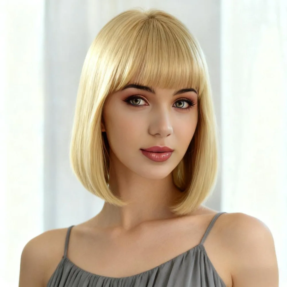 

Women Straight Bob Wig with Bangs, Glueless Short Bob Wig, Synthetic Hair Ombre Highlight Wig, Ready-To-Go Blunt Cut Design