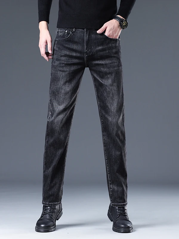 

Elegant Men's Slim Fit Straight Leg Casual Jeans with Pocket Heat Printing Cotton Stretch Fabric mid Waist Zipper Fly