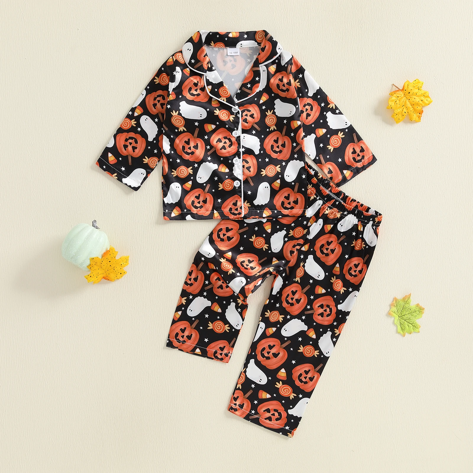 

VISgogo Kids Halloween Satin Pajamas Set Pumpkin/Ghost Print Long Sleeve Lapel Button Down Tops with Pants Sleepwear