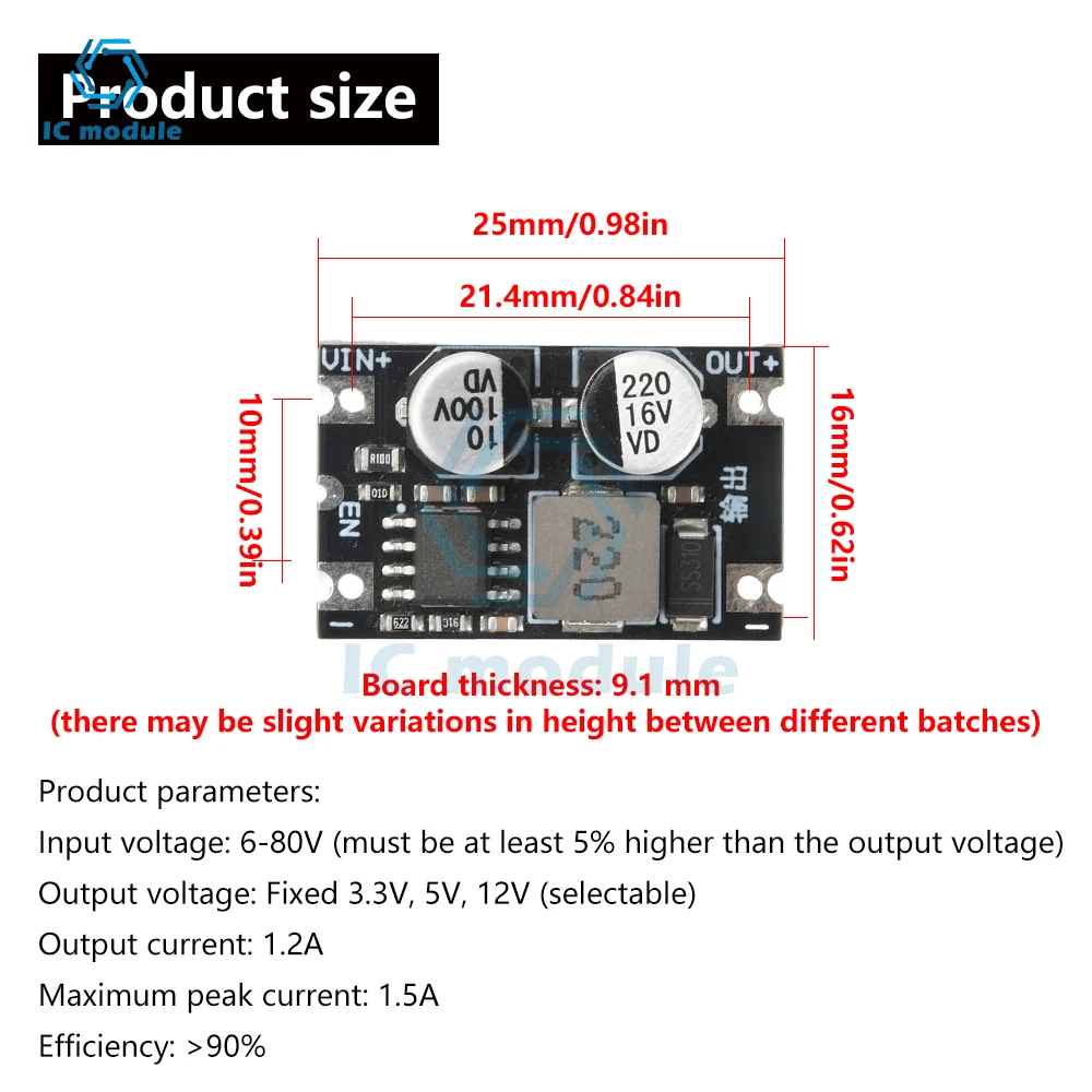 DC-DC Buck Module DC 6-80V to 3.3V 5V 12V 1.2A High Power DC Power Supply Module Low Ripple Step Down Converter Board