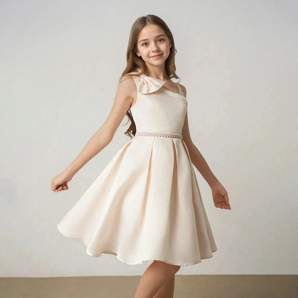Customized Sleeveless A-Line Girl Dress For Party Short Open Back Lace Birthday Gown Knee Length Kids Junior Concert