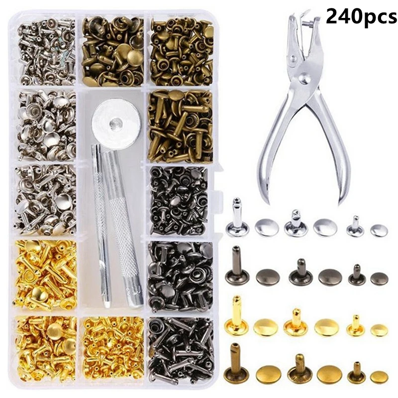 480/360/240x Kupfer leder Doppel kappen nieten röhrenförmige Metall bolzen Befestigungs werkzeugs ätze Bastel nieten Nieten für Stoff mit Box