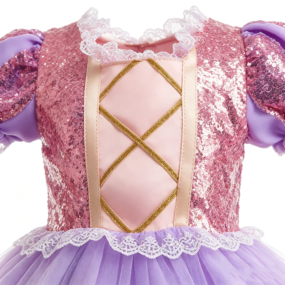 Rapunzel Cosplay Prinzessinnenkleid für Kinder, Halloween-Verkleidung mit Kurzen Ärmeln, Aufführungskostüme, Mädchen Geburtstags- und Karnevals-Party-Outfits – Detail 6