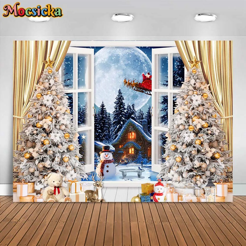 

Mocsicka Winter Christmas Photography Background Window Snow Scene Full Moon Xmas Tree Golden Curtains Baby Kids Photo Backdrops