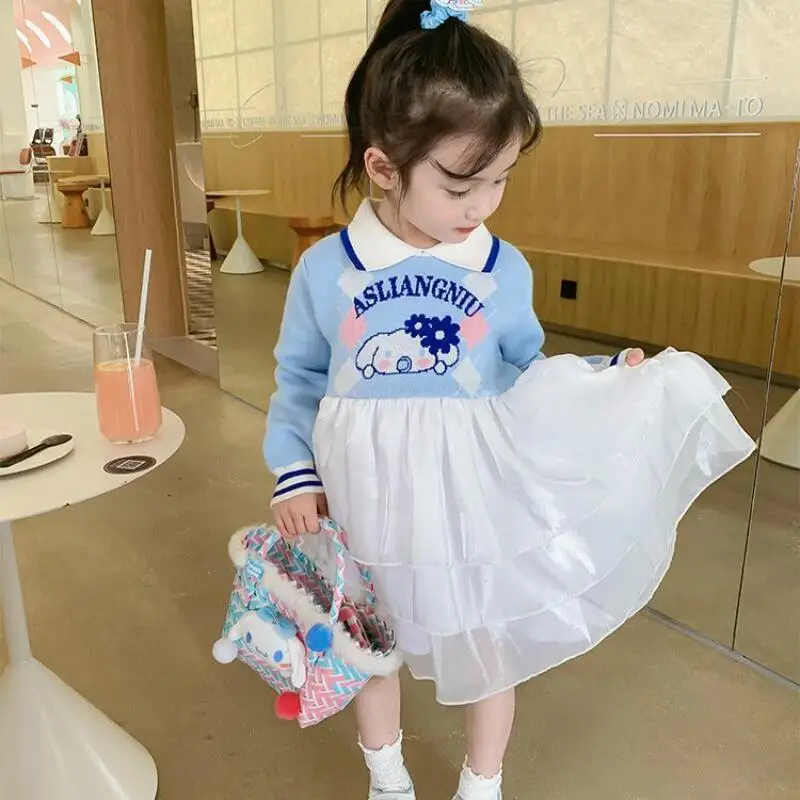 فستان بناتي من Sanrios Cinnamoroll لربيع وخريف نمط جديد لطيف على طراز الأميرة سترة عصرية للأطفال تنورة شبكية ذات طية صدر السترة هدية عيد