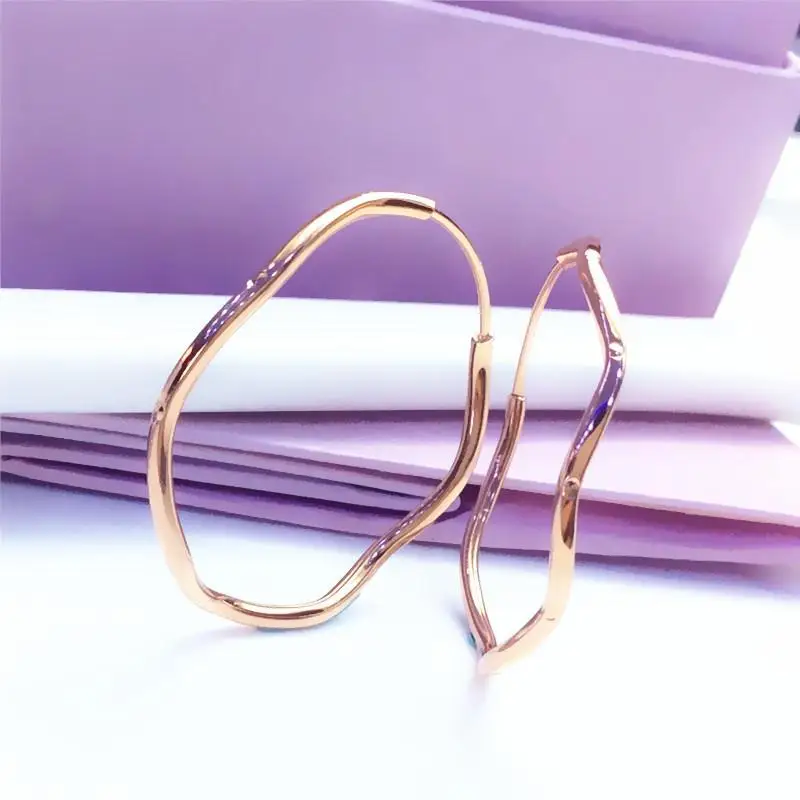 

585 Purple Gold Shiny Big Hoop Earrings for Women 14K Rose Gold Irregular Wavy Classic Punk Style Engagement Party Jewelry Gift