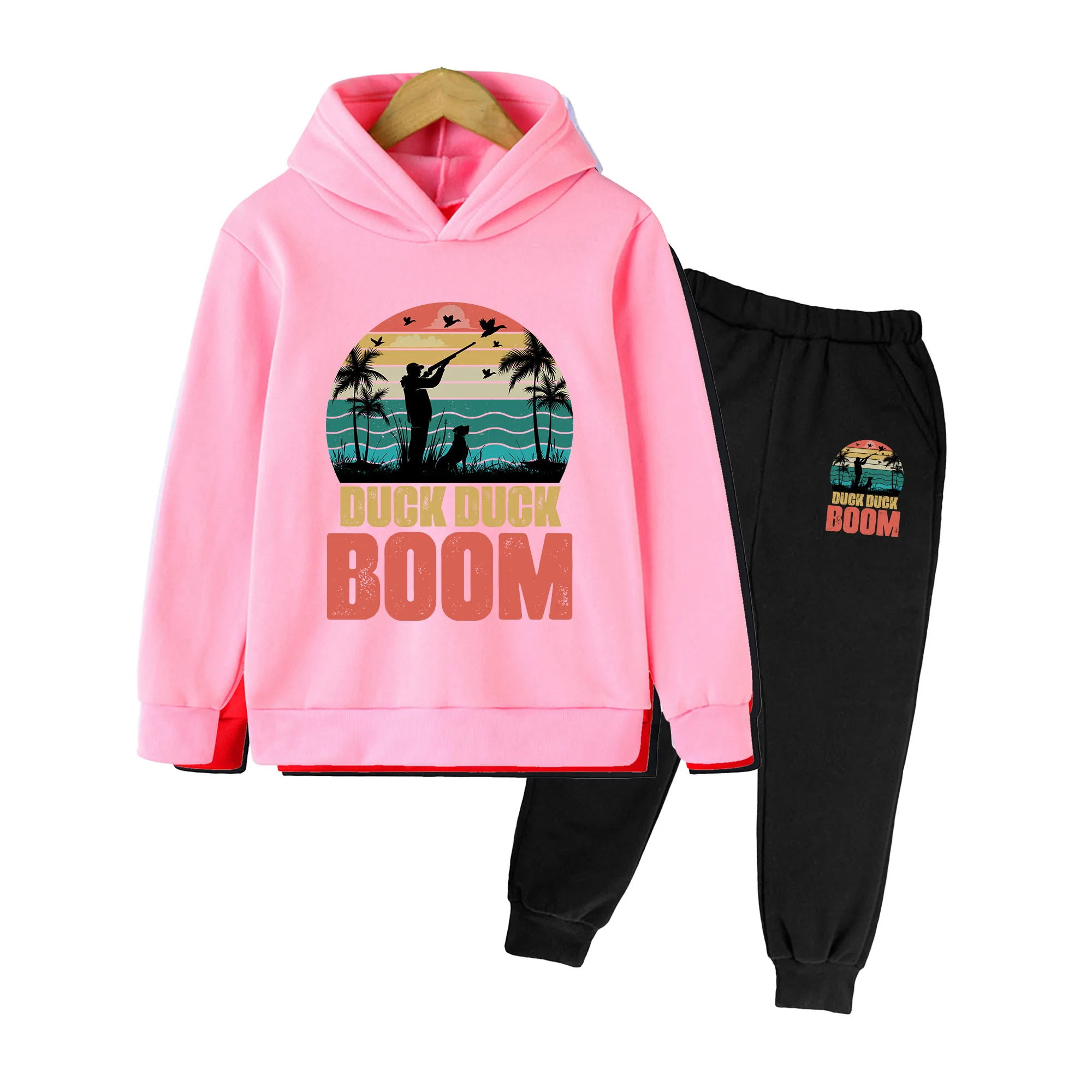 Kids Hoodie & Sweatpants Set, Retro Duck Hunting Print Casual Sportswear for Boys Girls Outdoor Activities