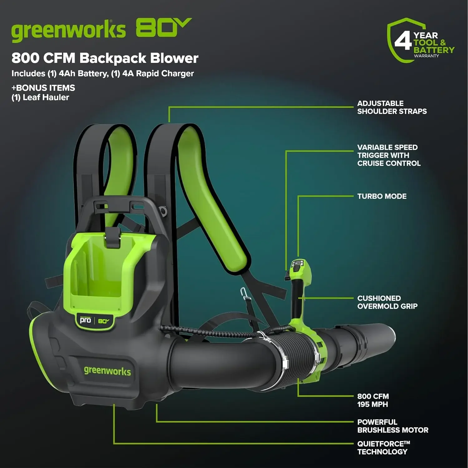 

[Limited Stock, Buy Now!]80V 800 CFM Cordless Backpack Blower with Leaf Tarp - 4.0Ah Battery & Rapid Charger, Cruise Control, Tu