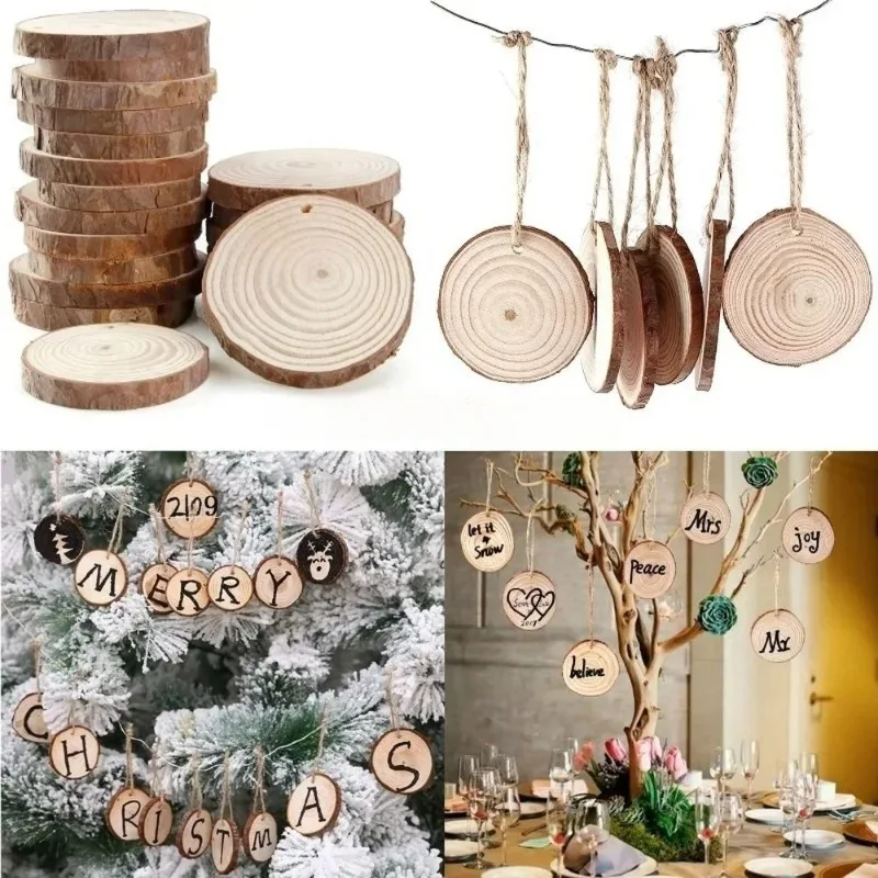 10pcs Christmas Ornament Natural Round Wood Chips Slices Circles Log Discs for DIY Crafts Wedding Party Decor